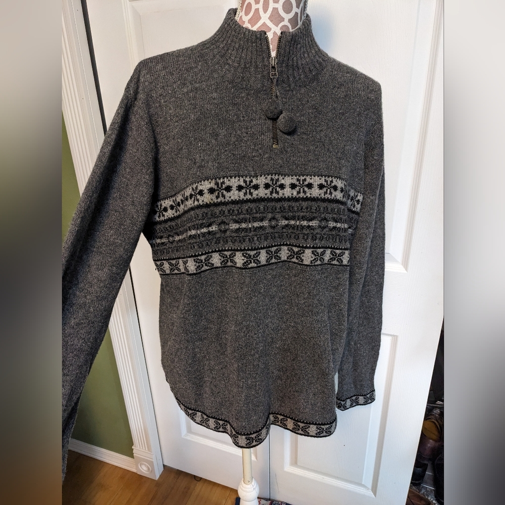 Eddie Bauer Gray Zip-Turtleneck Sweater with Pom Pom Pulls